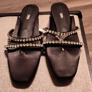 Zara Black Satin Embellished Women's Sandals. Size 37. U.S (5) NWT